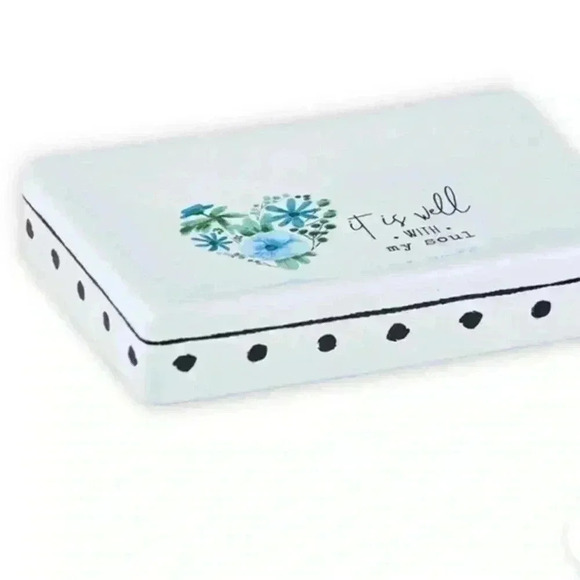 It Is Well With My Soul White Ceramic Soap Dish W/ Blue Flowers & Black Accents - Picture 8 of 13